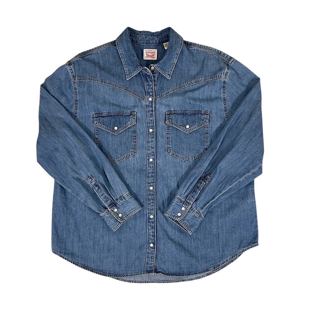 Levi's Sawyer Western Shirt Cotton Pearl Snap Blue Sz XL Americana Retro